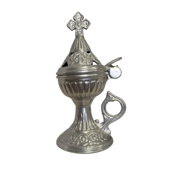 Untitled design (3) Μεταλλικό Θυμιατό Ασημί με Σταυρό & Χερούλι - Image 1